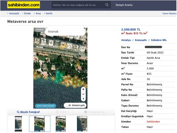 Metaverse Arazi İstanbul Fiyatları 2022 kullanımı Sahibinden